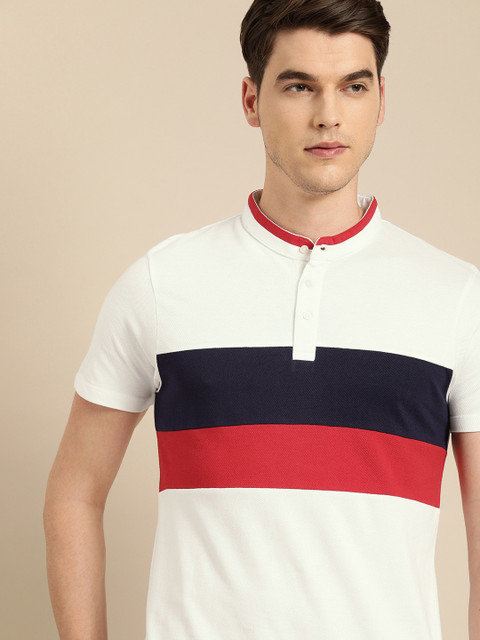 

ether Men White & Red Colourblocked Henley Neck T-shirt
