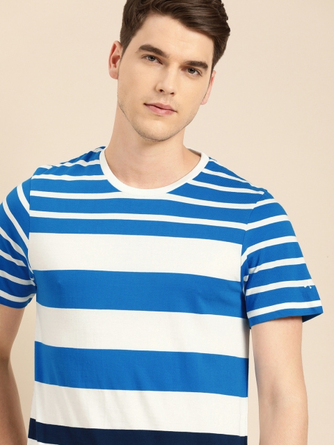 

ether Men White & Blue Striped Round Neck T-shirt