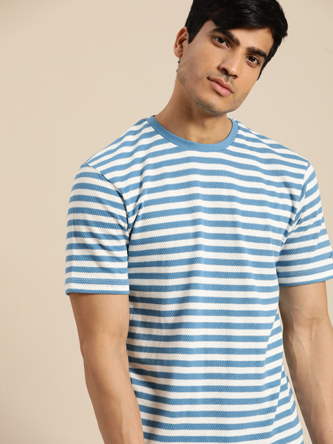 

ether Men White & Blue Striped Round Neck T-shirt
