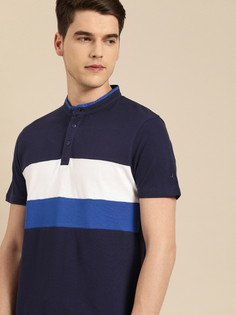 

ether Men Navy Blue White Colourblocked Henley Neck Pure Cotton T-shirt