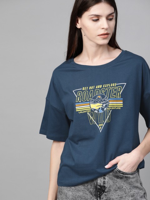 

Roadster Women Teal Blue & Yellow Printed Round Neck T-shirt