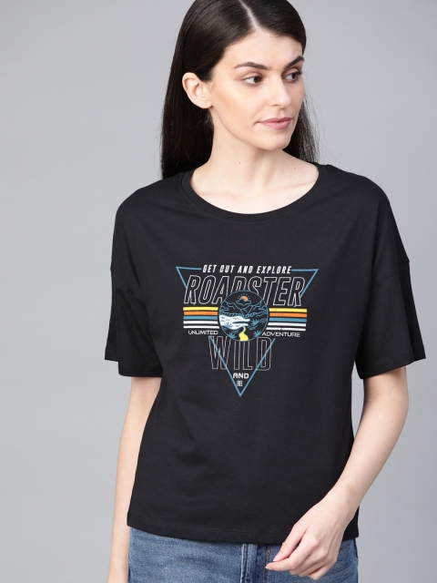 

Roadster Women Black Printed Round Neck T-shirt