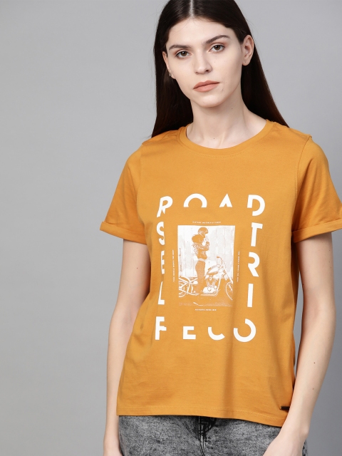 

Roadster Women Mustard Yellow Printed Round Neck T-shirt