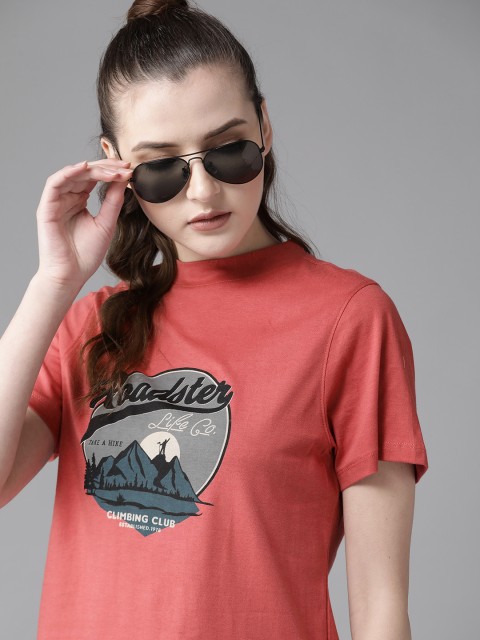 

Roadster Women Coral Red Grey Pure Cotton Printed High Neck Pure Cotton T-shirt