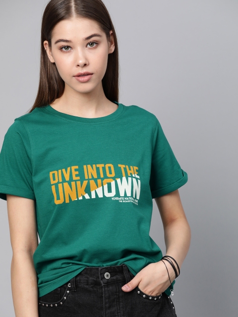 Women Teal Green & Mustard Yellow Printed Round Neck T-shirt