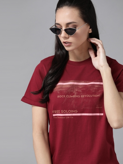 

Roadster Women Maroon Printed Round Neck T-shirt