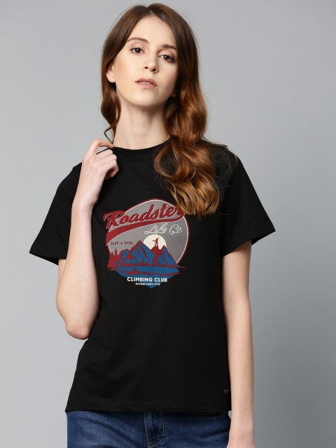 

Roadster Women Black Rust Red Printed Round Neck Pure Cotton T-shirt