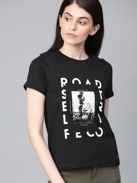 

Roadster Women Black & White Printed Round Neck T-shirt