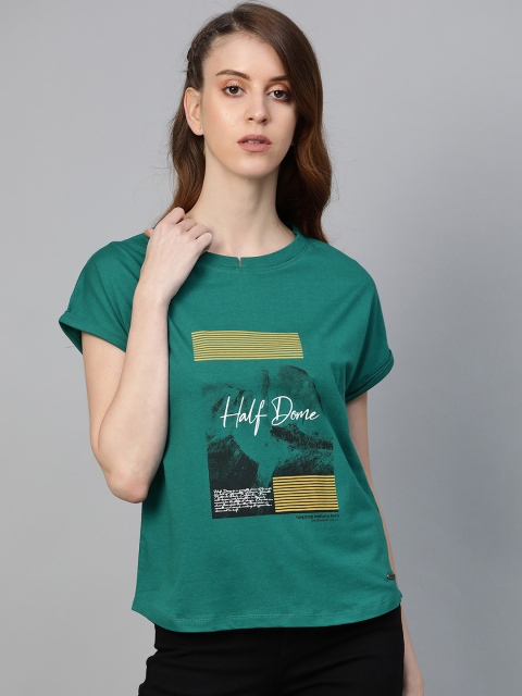 

Roadster Women Green & Mustard Yellow Half Dome Printed T-shirt