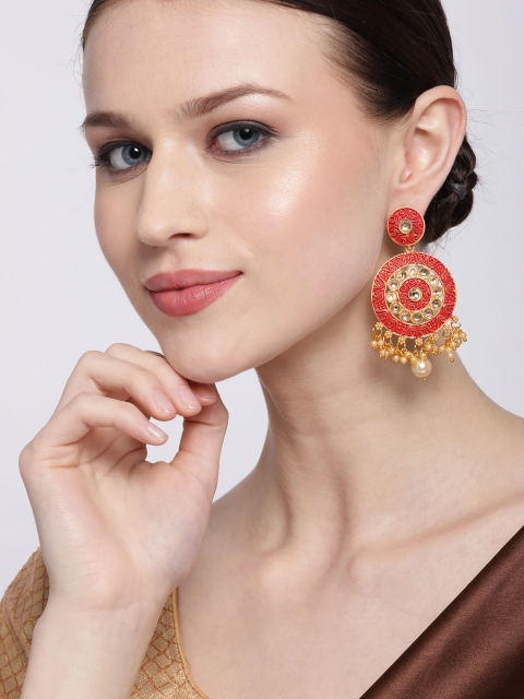 

Jewels Galaxy Red Gold-Plated Stone-Studded Enamelled Circular Drop Earrings