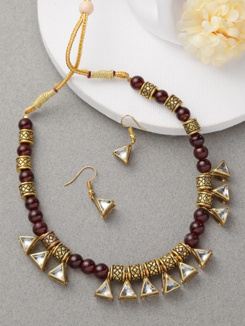 

Jewels Galaxy Burgundy Gold Plated Stone Studded & Beaded Jewellery Set