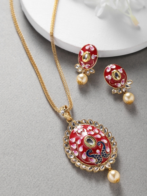 

Jewels Galaxy Red Gold Plated Stone Studded & Beaded Enamelled Jewellery Set