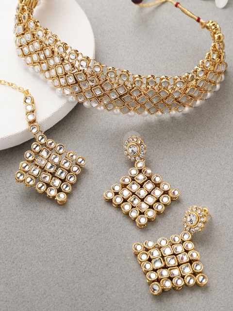 

Jewels Galaxy Off-White Gold Plated Kundan Studded & Beaded Jewellery Set