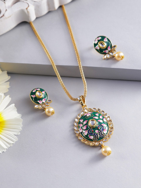 

Jewels Galaxy Green & White Gold-Plated Stone-Studded Enamelled Jewellery Set