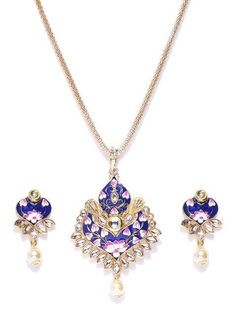 

Jewels Galaxy Navy & White Gold-Plated Stone-Studded Enamelled Jewellery Set, Navy blue