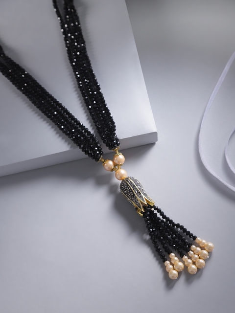 

Jewels Galaxy Black & Off-White Gold-Plated Stone Studded & Beaded Tasselled Necklace