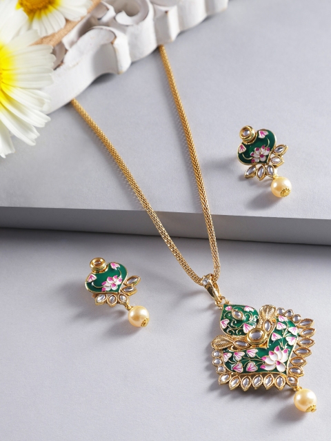 

Jewels Galaxy Green & White Gold-Plated Stone-Studded Enamelled Jewellery Set