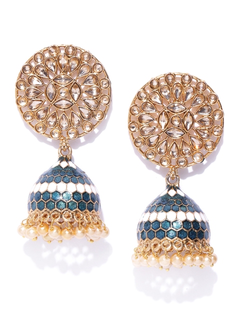 

Jewels Galaxy Teal Blue Antique Gold-Plated Stone-Studded Enamelled Dome Shaped Jhumkas