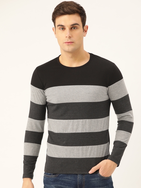 Men Black & Grey Melange Striped Round Neck T-shirt