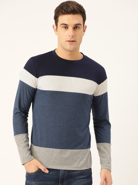 

Seven Rocks Men Blue & Grey Melange Colourblocked Round Neck T-shirt