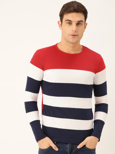 Men Navy Blue & White Striped Round Neck T-shirt