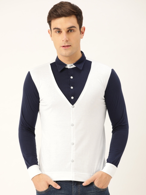 

Seven Rocks Men White & Navy Blue Knitted Regular Fit Colourblocked Casual Shirt