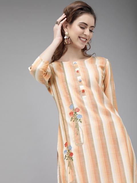 

Yufta Women Beige & Green Printed straight Kurta With Embroidered Detail