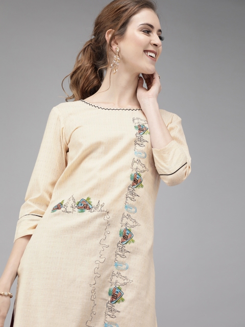 

Yufta Women Peach-Coloured Embroidered Straight Kurta