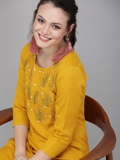 

Yufta Women Mustard Yellow & Cream-Coloured Embroidered Kurta with Palazzos