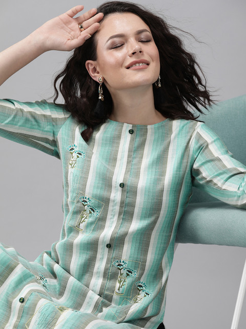 

Yufta Women Green & White Printed straight Kurta With Embroidered Detail