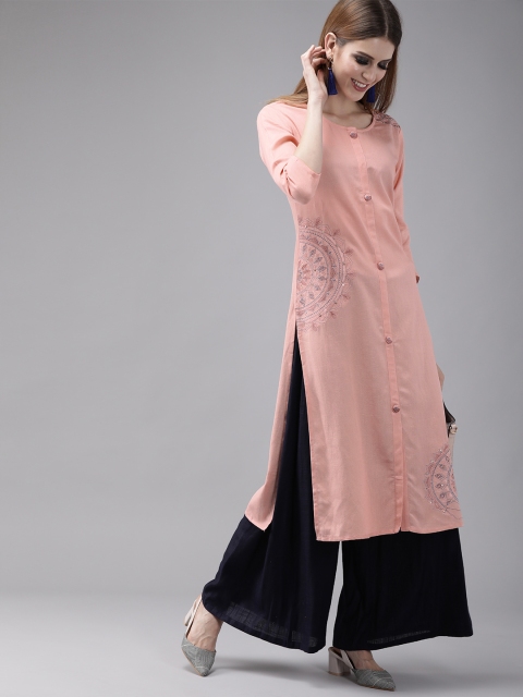 

Yufta Women Pink Embroidered Straight Kurta