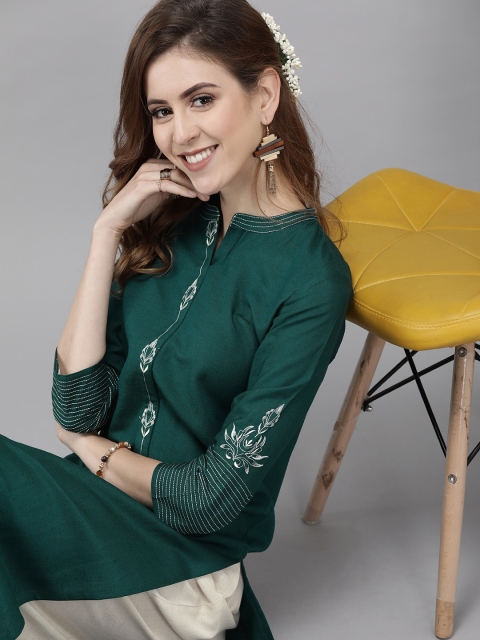 

Yufta Women Green & Off-White Embroidered Kurta with Palazzos