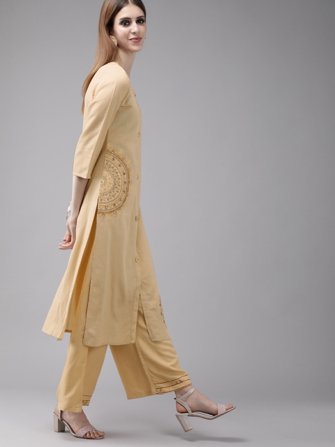 

Yufta Women Beige Embroidered Straight Kurta