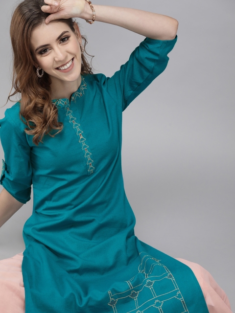 

Yufta Women Blue Solid straight Kurta With Embroidered Detail
