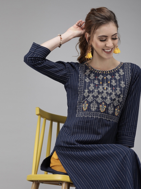 

Yufta Women Navy Blue & Beige Printed A-Line Kurta Embroidered Detail