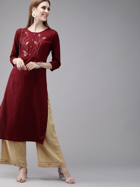 

Yufta Women Maroon & Beige Yoke Design Kurta with Palazzos