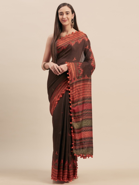 

Tikhi Imli Coffee Brown & Red Jute Cotton Printed Saree