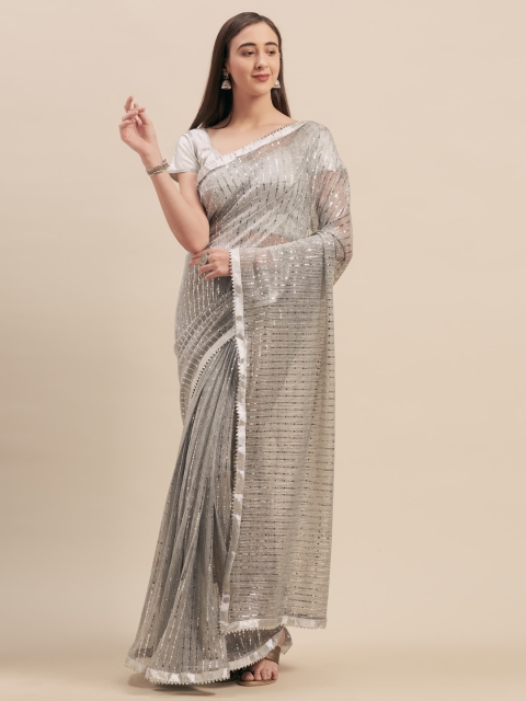 

Tikhi Imli Silver-Toned Mukaish Embellished Poly Crepe Saree
