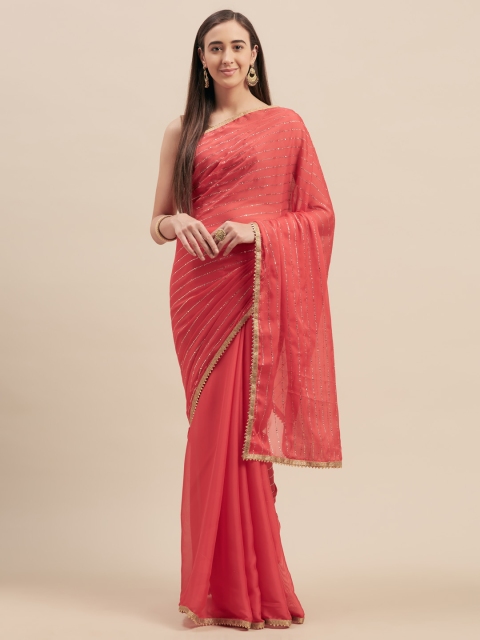 

Tikhi Imli Coral Pink Embellished Poly Crepe Saree