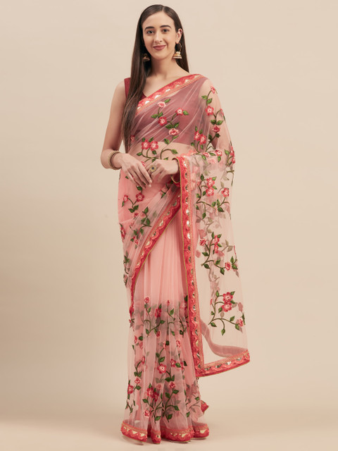 

Tikhi Imli Pink Embroidered Net Saree