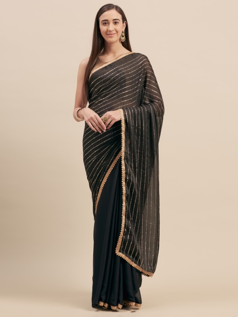 

Tikhi Imli Black & Gold-Toned Poly Crepe Half & Half Mukaish Embellished Saree