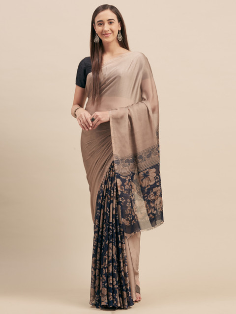 

Tikhi Imli Champagne & Blue Poly Crepe Printed Saree