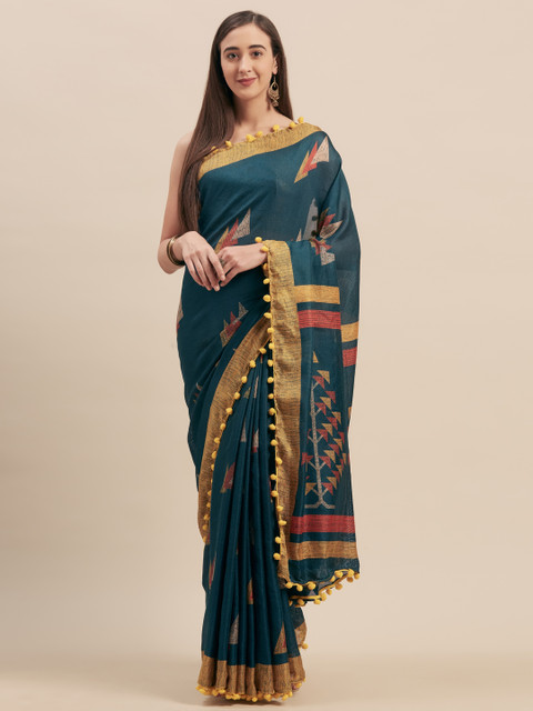 

Tikhi Imli Teal Blue Printed Jute Cotton Saree