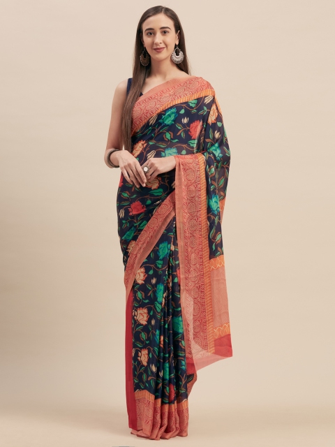 

Tikhi Imli Navy Blue & Red Poly Crepe Printed Saree