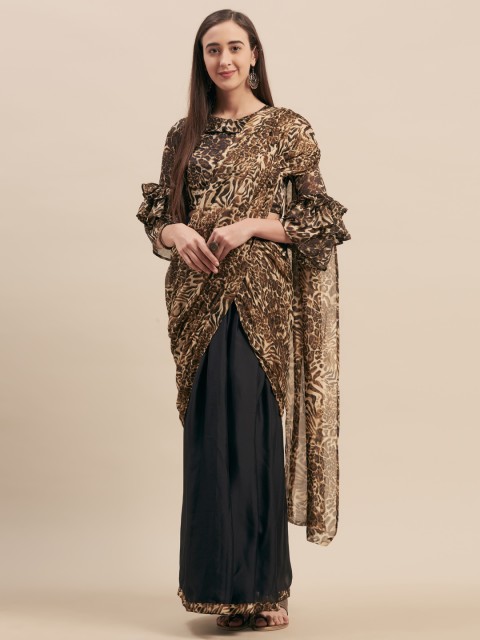 

Tikhi Imli Brown & Black Poly Crepe Ready To Wear Printed Saree