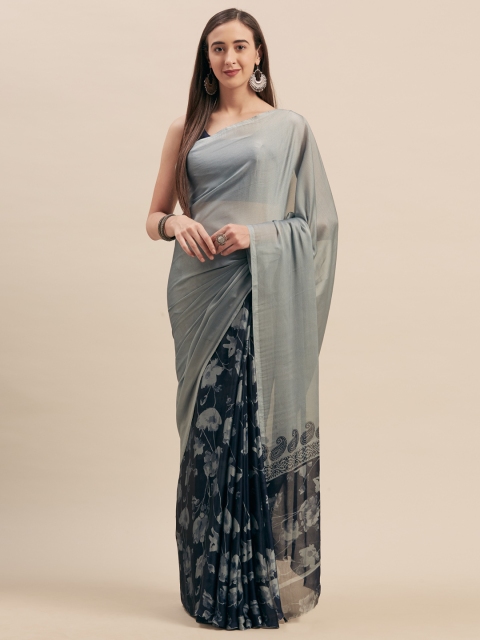 

Tikhi Imli Navy Blue & Grey Poly Crepe Printed Saree