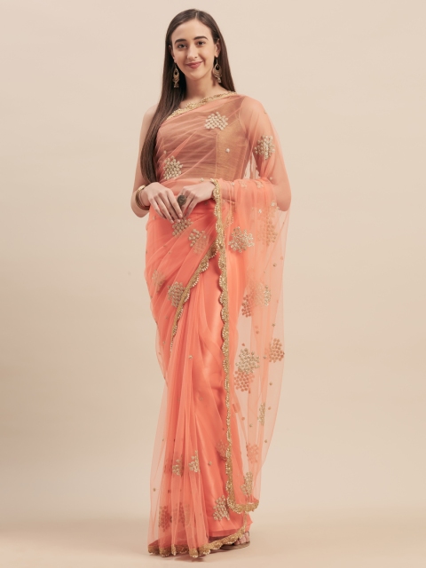 

Tikhi Imli Peach-Coloured Embellished Net Saree
