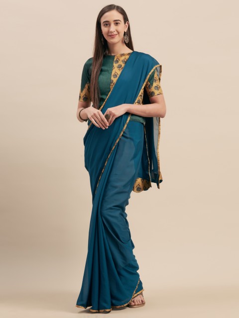 

Tikhi Imli Teal Blue Solid Poly Crepe Saree
