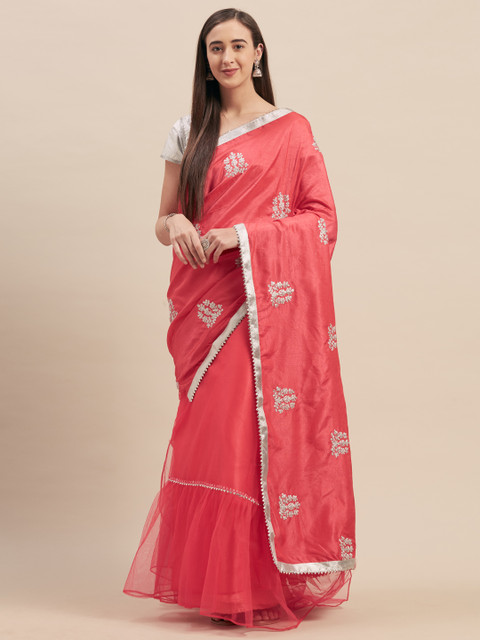 

Tikhi Imli Coral Pink Embroidered Poly Silk Saree