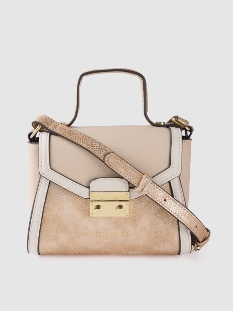 

Accessorize Beige & Rose Gold-Toned Snakeskin Textured Satchel